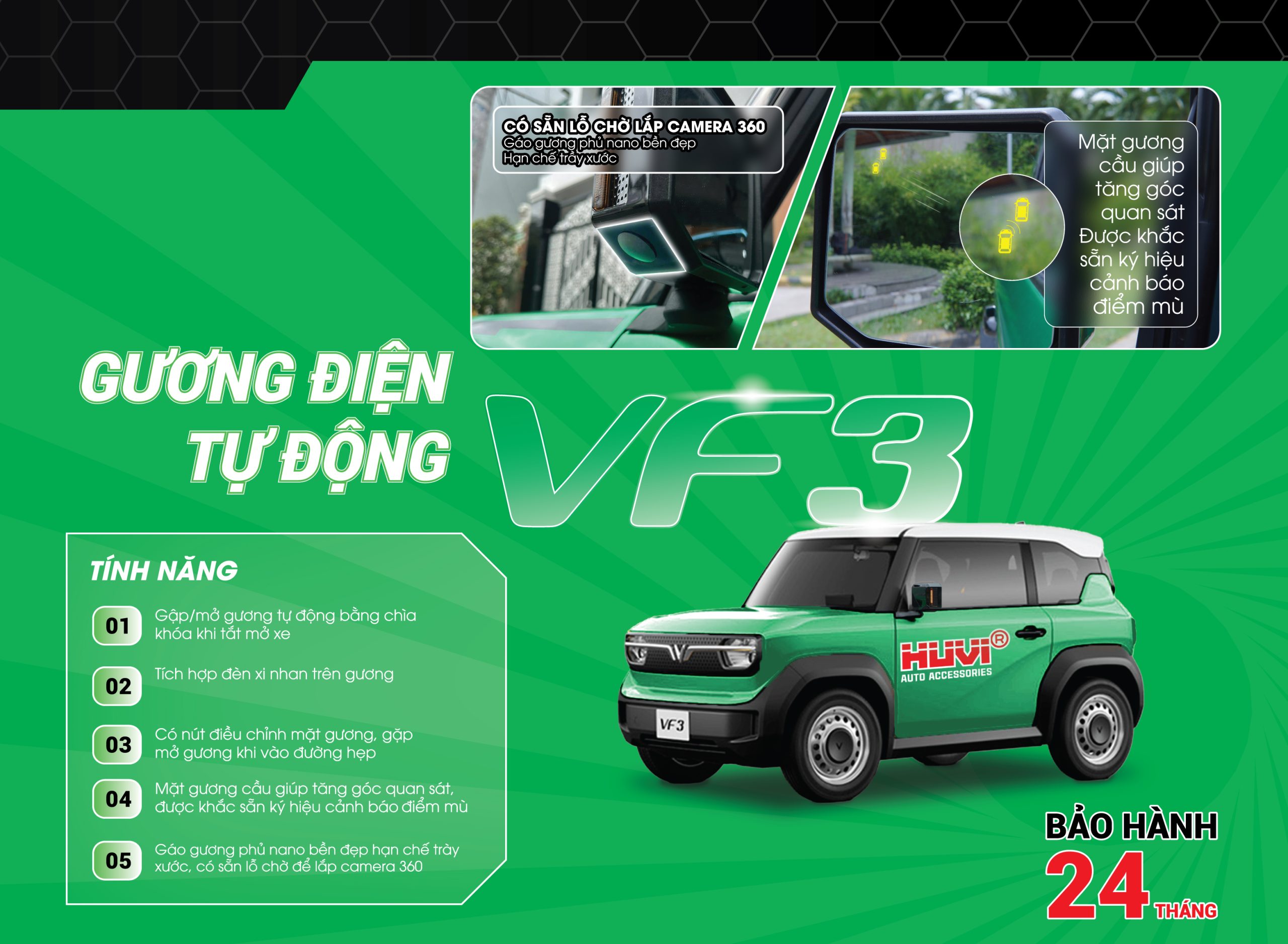 Độ gương điện VF3 gương lồi - Quan sát rộng hơn, an toàn hơn.