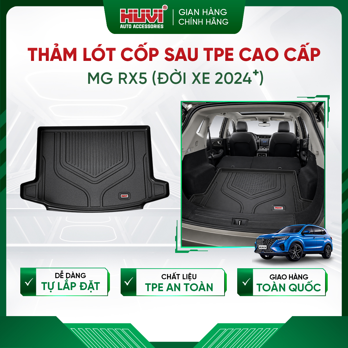 Thảm lót cốp ô tô MG RX5 2024 3D nhựa TPE nguyên sinh Huvi