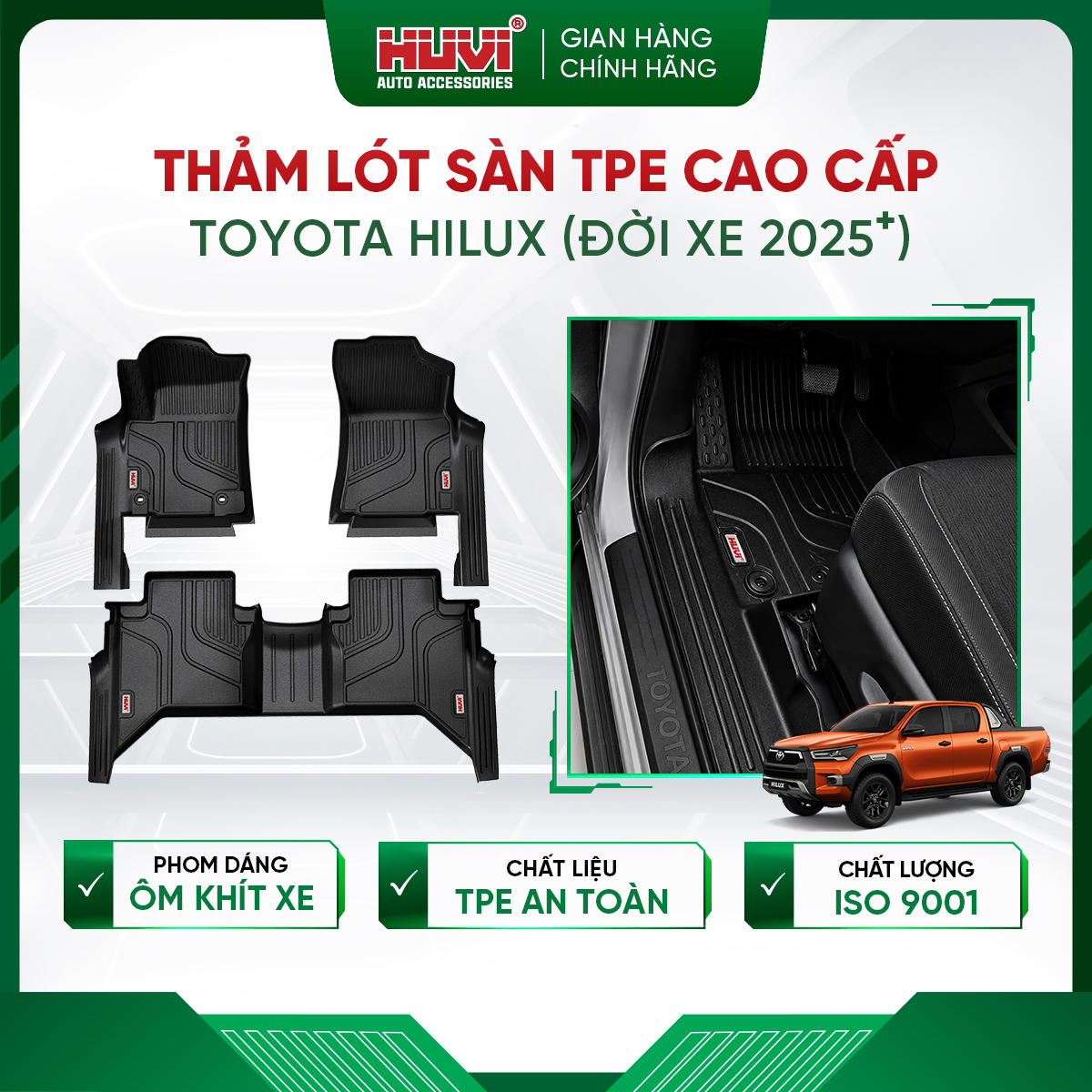 Thảm lót sàn ô tô Toyota Hilux 2025 tràn viền bậc cửa Huvi