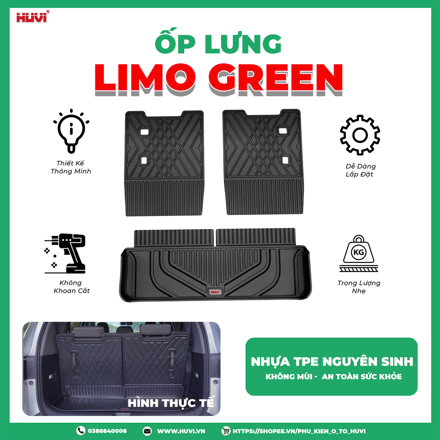 Ốp lưng ghế Vinfast Limo Green giữ cốp sạch sẽ.
