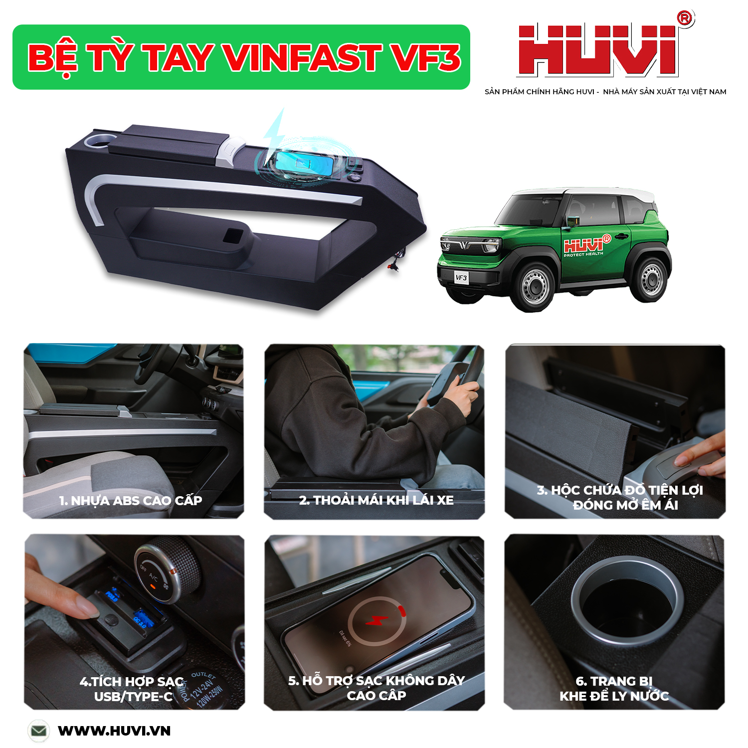 Bệ tỳ tay Vinfast VF3 Huvi sản xuất tại Việt Nam.