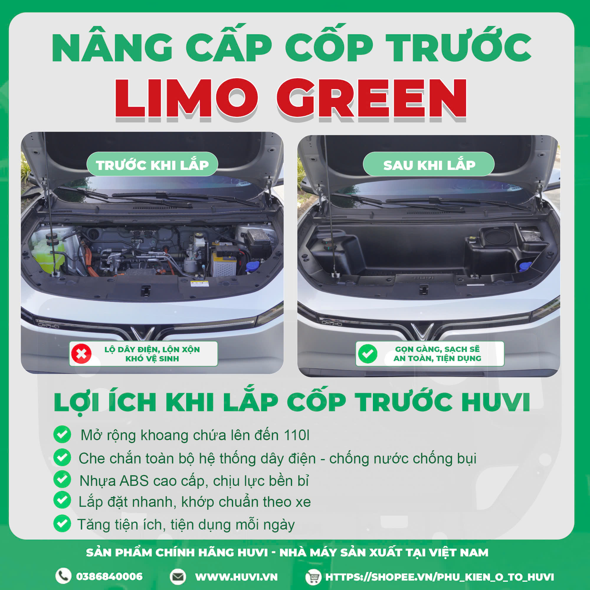 Lót cốp trước Vinfast Limo Green khoang chứa lên đến 110l.