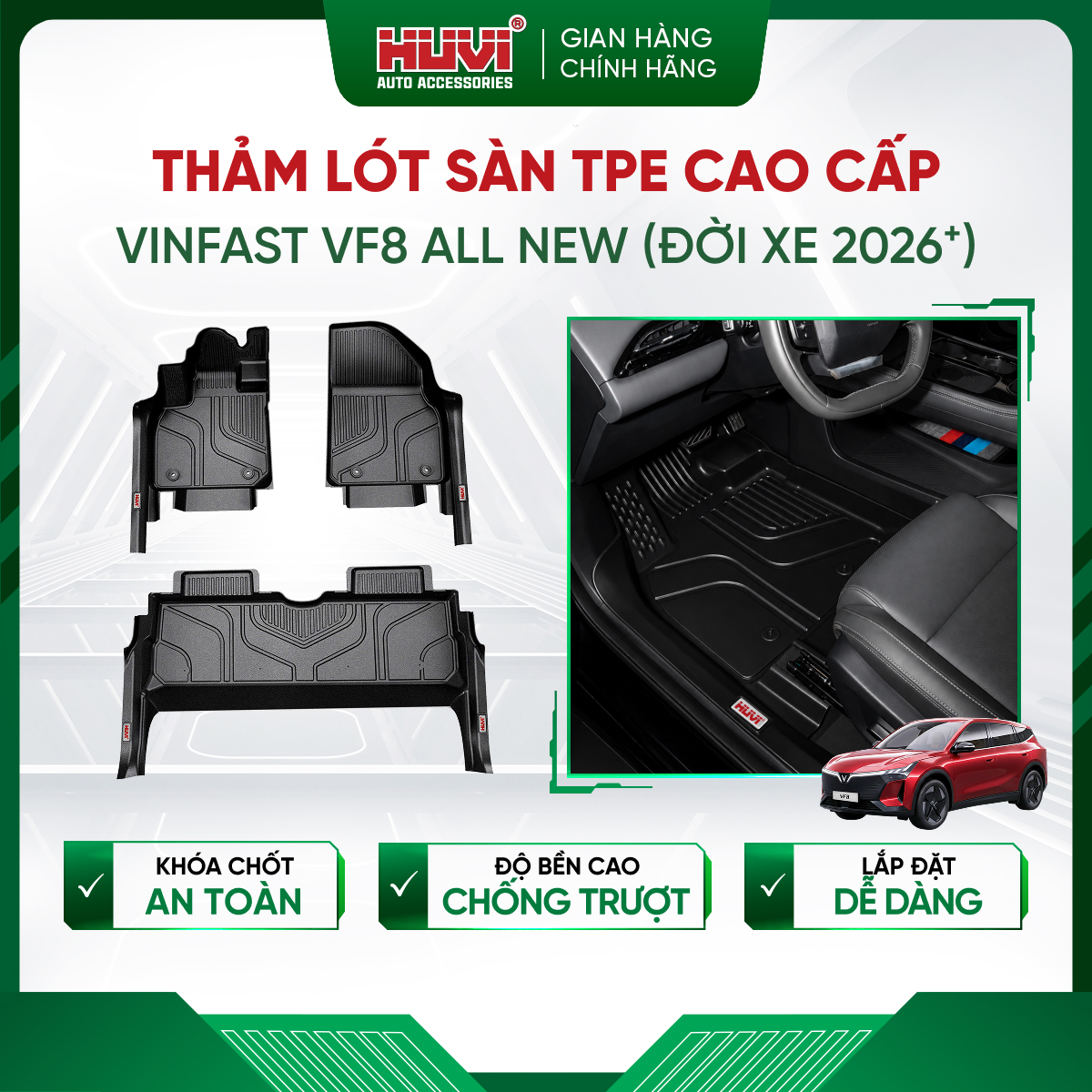 Thảm lót sàn ô tô Vinfast VF8 All New 2026 nhựa TPE cao cấp tràn viền bậc cửa Huvi